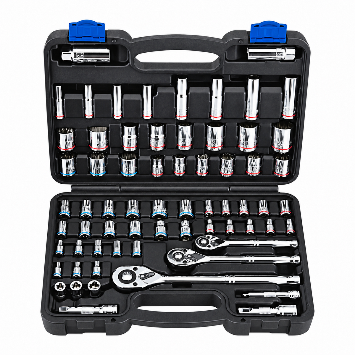 66-Piece SAE and Metric Socket Set with 3 Ratchets and Storage Case