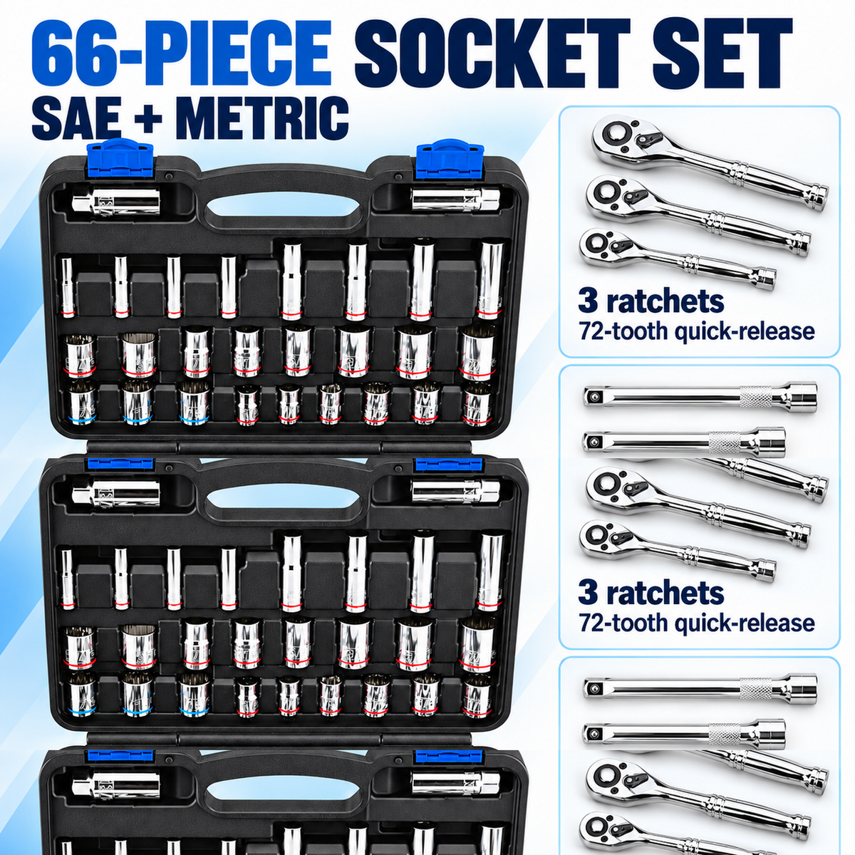 66-Piece SAE and Metric Socket Set with 3 Ratchets and Storage Case