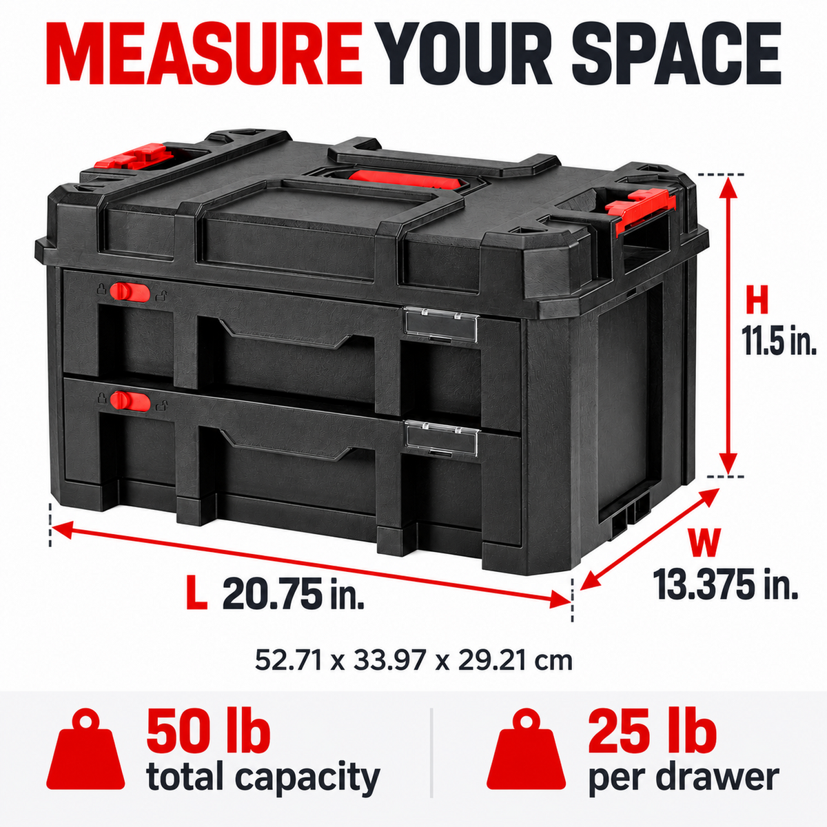 Modular 2-Drawer Toolbox with Dividers, 50 lb Total Load Capacity