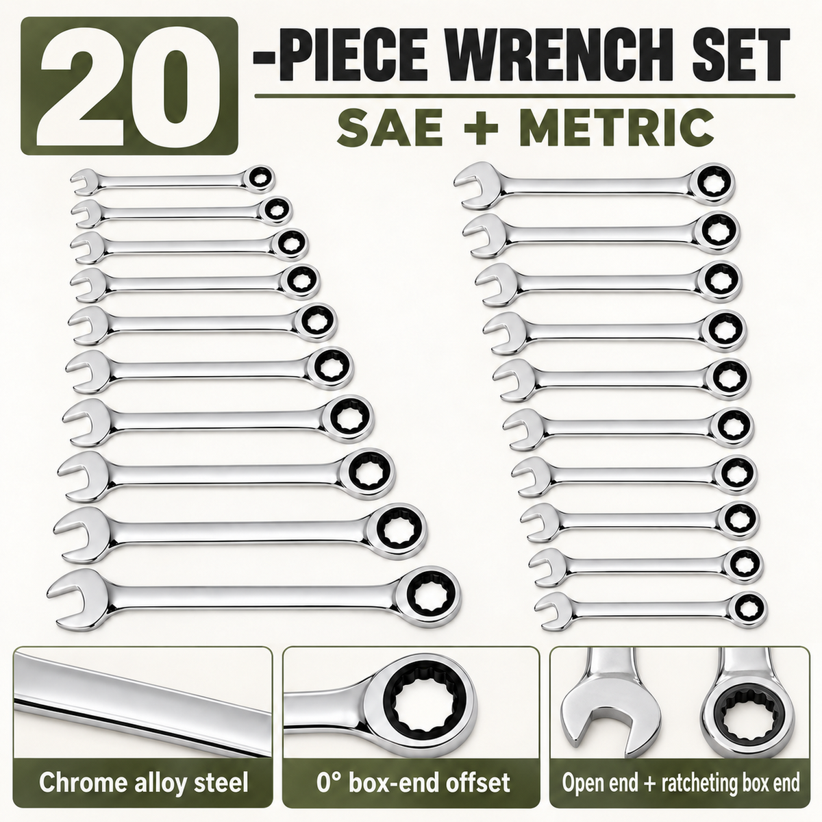 20-Piece SAE and Metric Ratcheting Combination Wrench Set