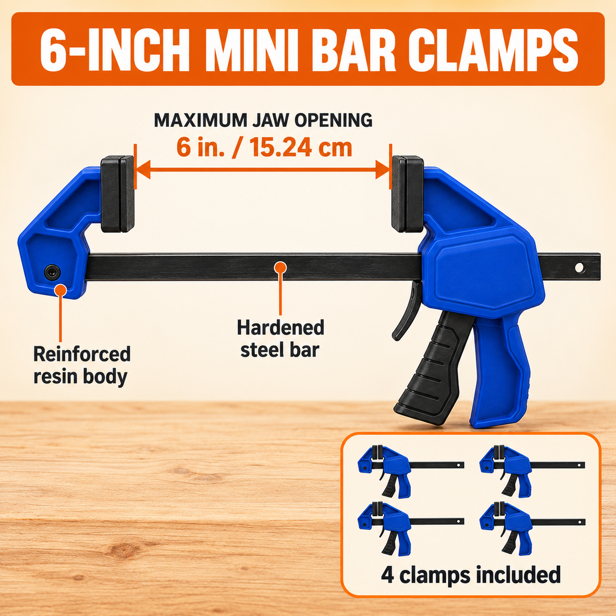 6-Inch One-Handed Mini Bar Clamps, 4-Pack