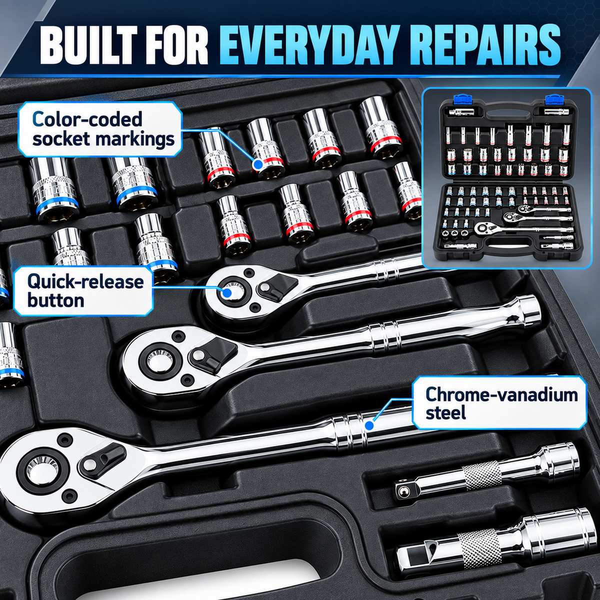 66-Piece SAE and Metric Socket Set with 3 Ratchets and Storage Case