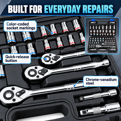 66-Piece SAE and Metric Socket Set with 3 Ratchets and Storage Case