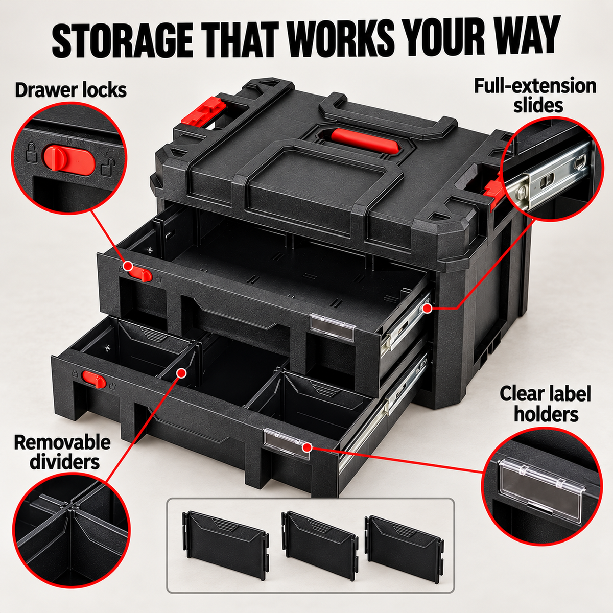 Modular 2-Drawer Toolbox with Dividers, 50 lb Total Load Capacity