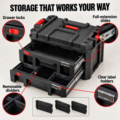 Modular 2-Drawer Toolbox with Dividers, 50 lb Total Load Capacity